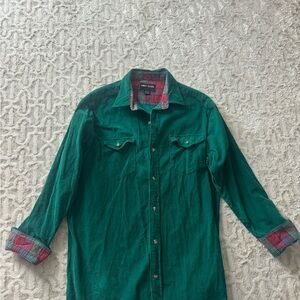 Men's vintage first class Green courdaroy Shirt with Plaid Accents size xl